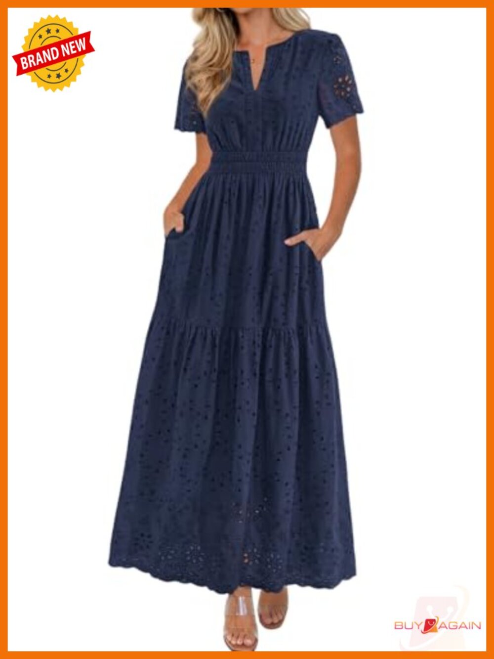 Women Maxi Dress V Neck Short Sleeve Cotton A Line Smocked Waist Pockets
